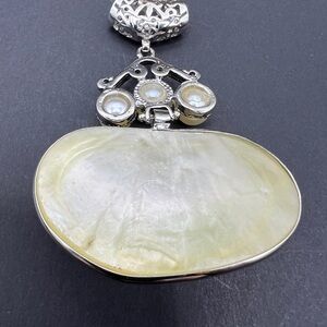 Vintage Mother of Pearl Pendant w/Faux Pearls Silver Tone Statement Drop